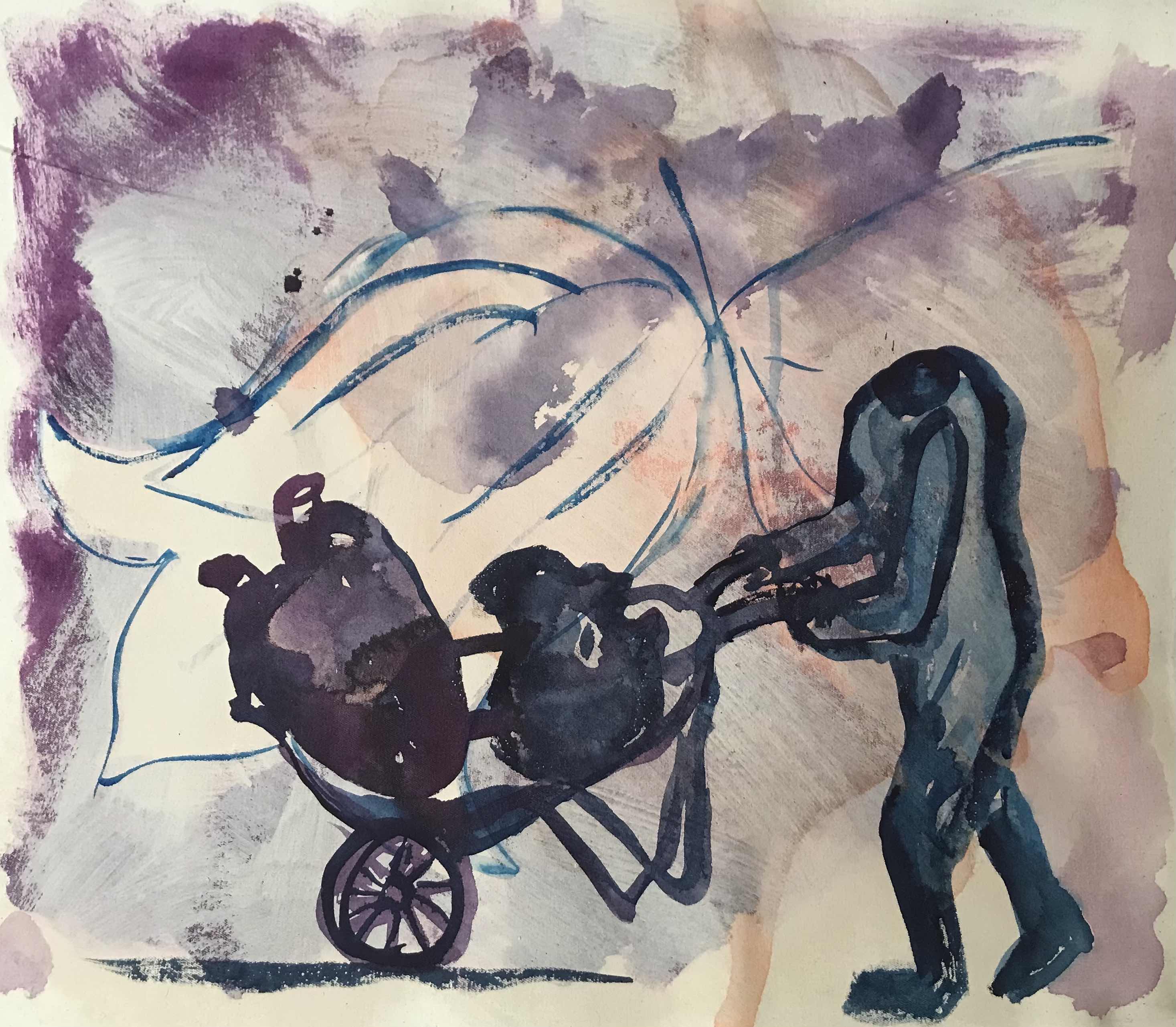 painting of man with his head and heart in wheelbarrow